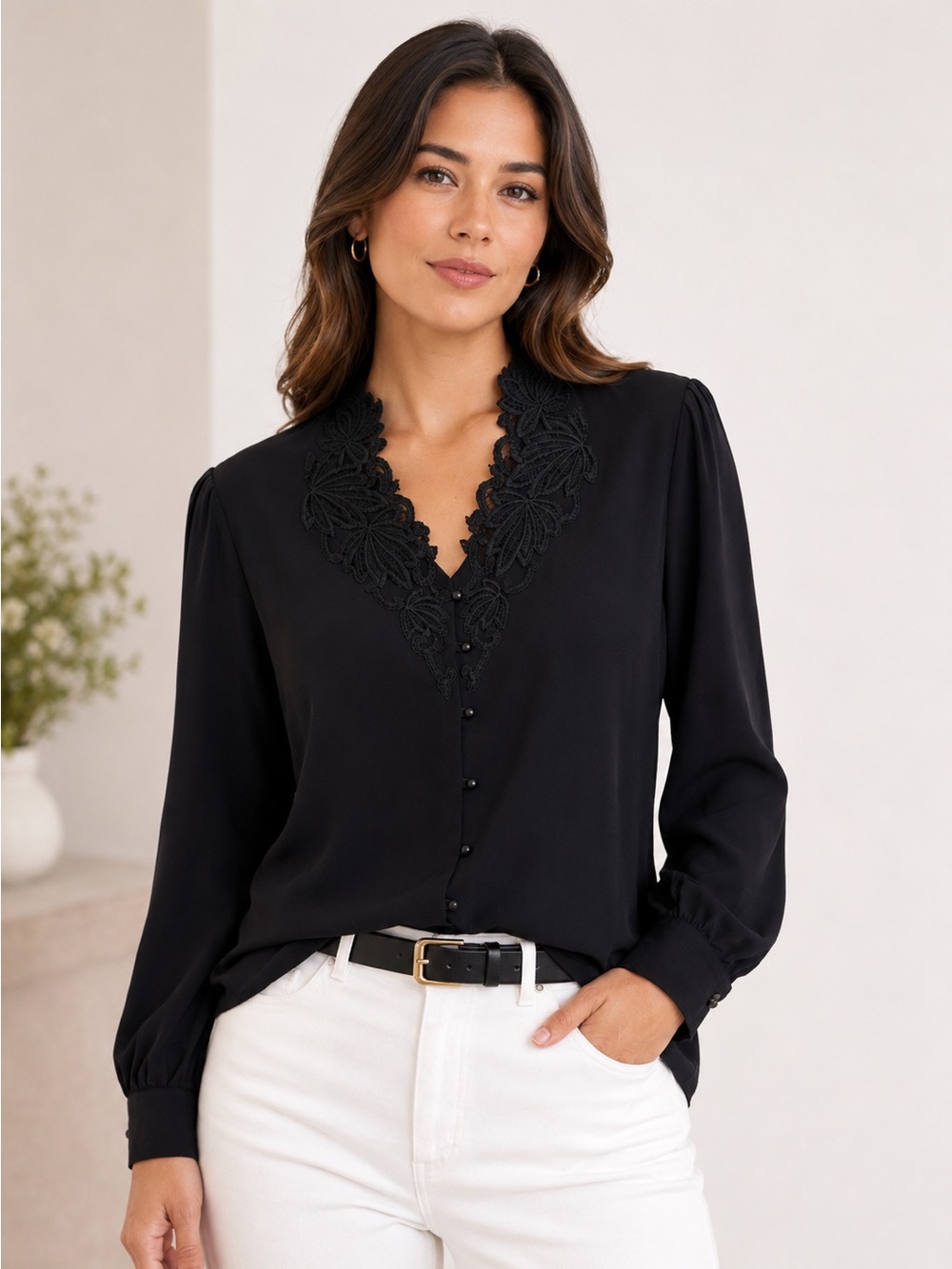 Vintage Liz Baker Black Embroidered Blouse Size 10 Long Sleeve Button Front